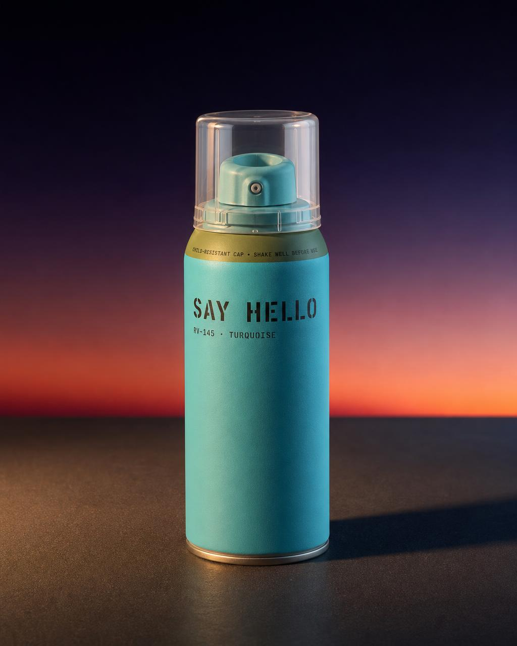A turquoise Say Hello edible aerosol can at dusk