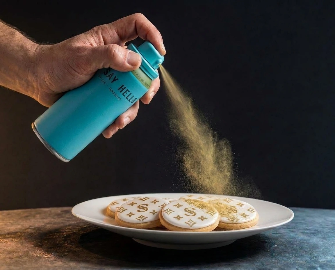 A Say Hello can spraying edible color onto patterned cookies
