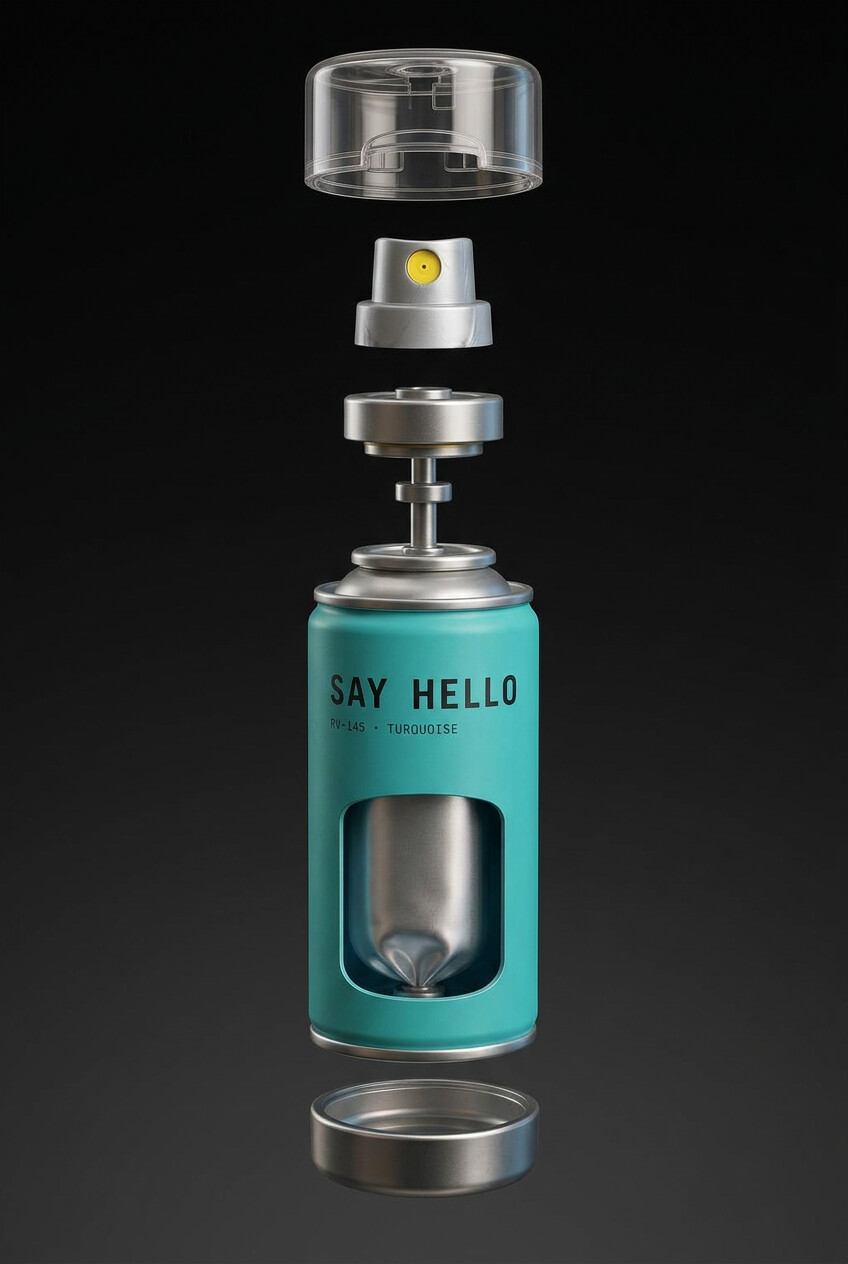Exploded view of the Say Hello can showing overcap, donut cap, atomizer, bag-on-valve, inner pouch and base