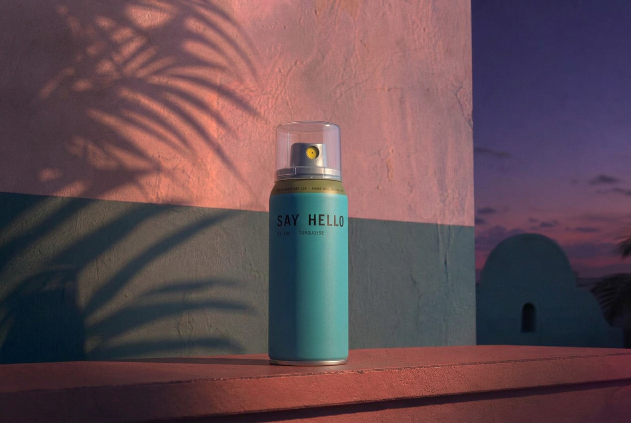 A Say Hello can on a terracotta ledge at dusk