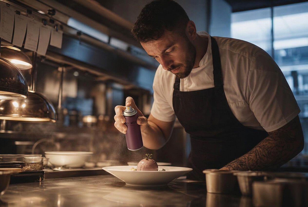 A chef finishing a plated dessert with a Say Hello can at the pass